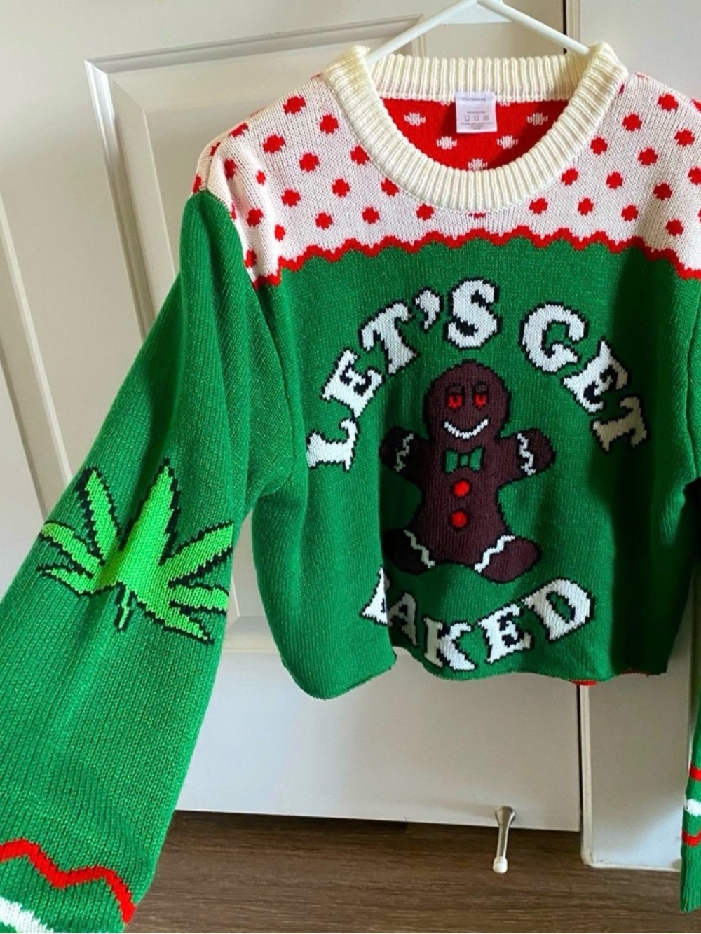 Dolls Kill Green White Red "Let's Get Baked" Gingerbread Crewneck Sweater